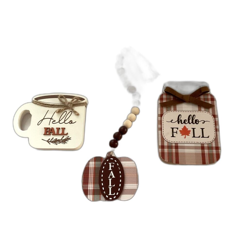 NWOT 3pc Farmhouse Fall Decor Set Hello Fall Mug, Mason Jar Sign, Beaded Pumpkin